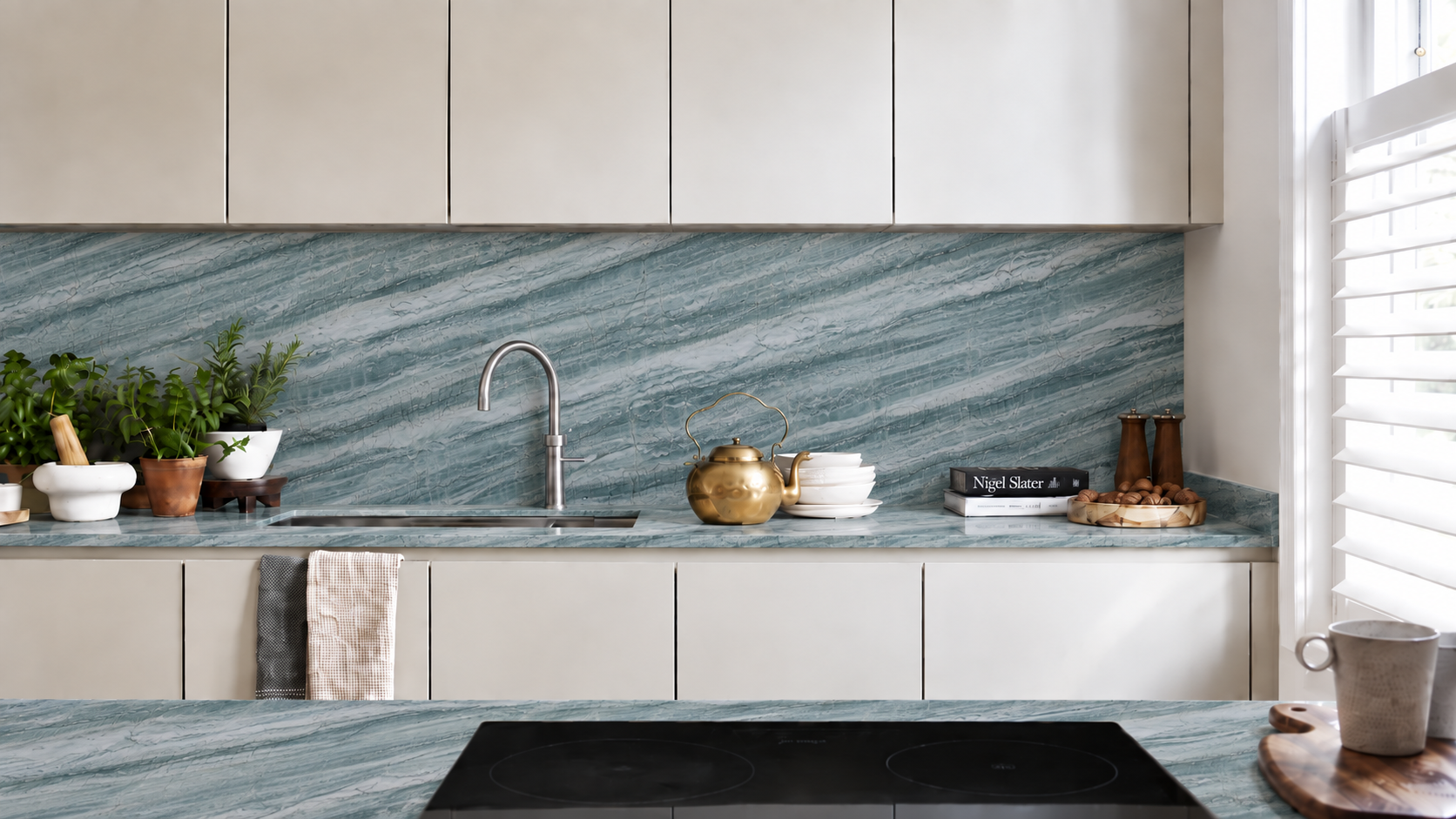 Valor Collective kitchen with Ocean Green worktop and backsplash